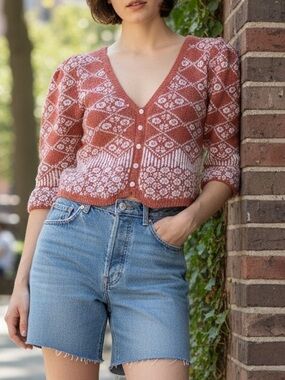 Free People Rust and White Fair Isle Cropped V-Neck Lila Cardigan Cropped M